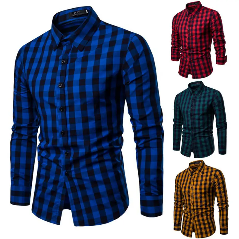 Новое поступление, модные мужские повседневные рубашки на пуговицах, приталенные рубашки в клетку с длинным рукавом, деловые Рубашки, Топы синего, зеленого, красного, желтого цвета