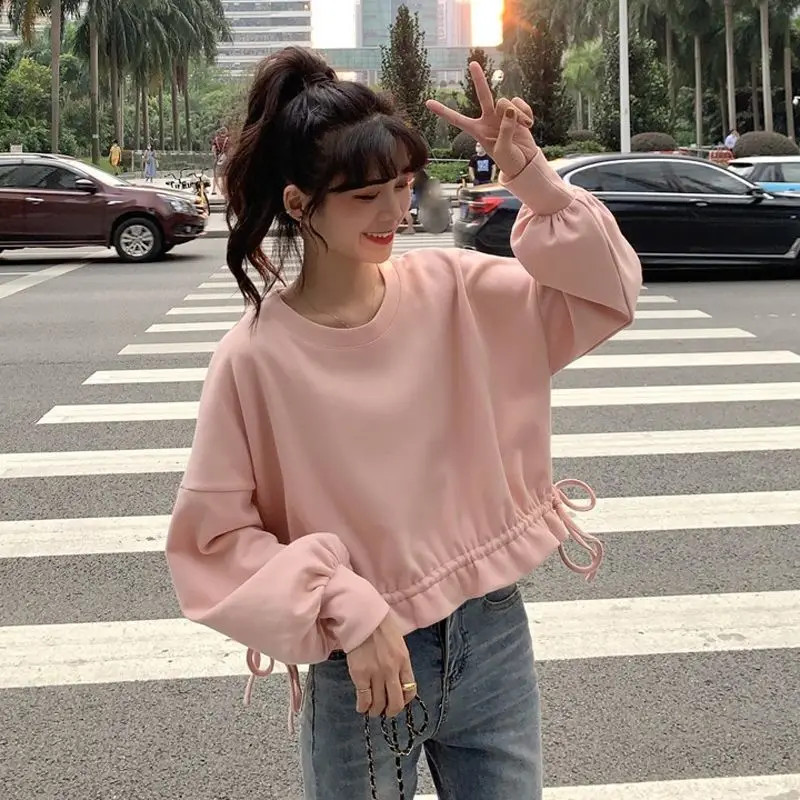 

Women Hoody Spring Autumn O-Neck Pullovers Korean Sweet Full Short Solid Girls Hoody All-match Small Fresh for Teenage Girls