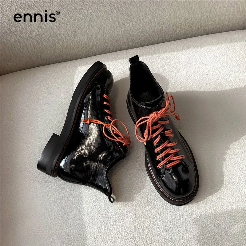 ENNIS/ г.; дизайнерские ботинки на платформе; обувь martin; женские ботильоны из лакированной кожи; осенние ботинки из натуральной кожи черного цвета на шнуровке; обувь на плоской подошве; A9194