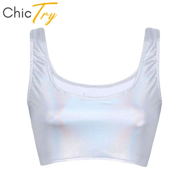 ChicTry Fashion Silver Shiny Faux Leather Sleeveless Scoop Neck
