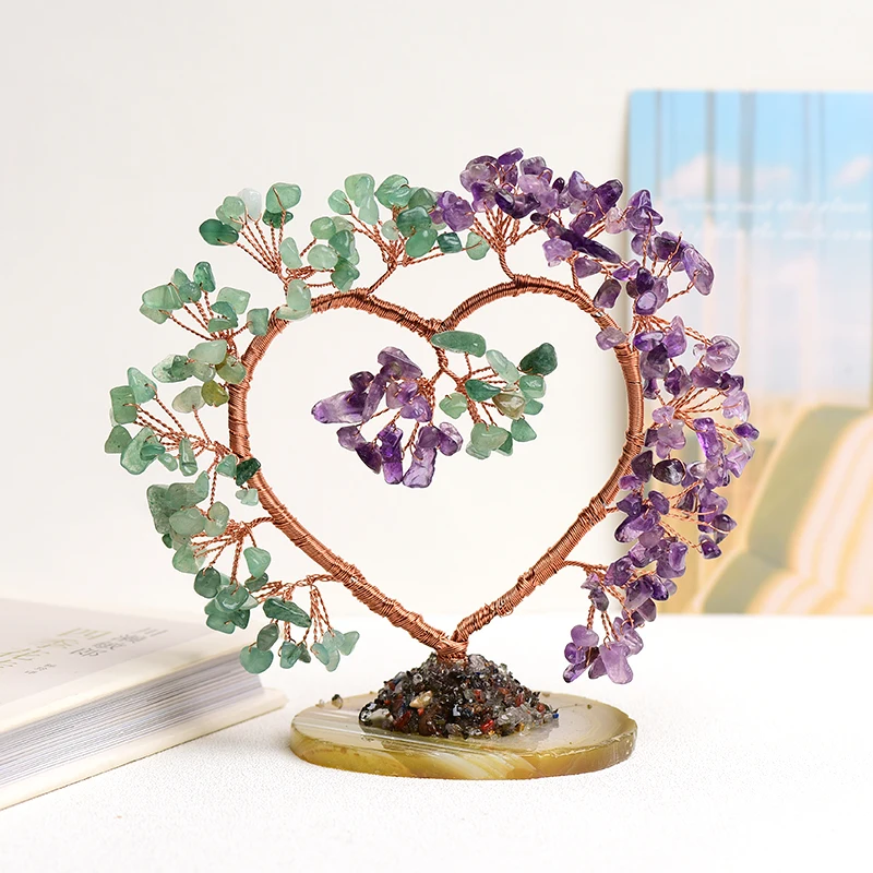 

Natural Crystal Copper Wood Twined Amethyst Agate Slices Base Heart-Shaped Rose Quartz Aquamarine Feng Shui Tree Home Room Decor