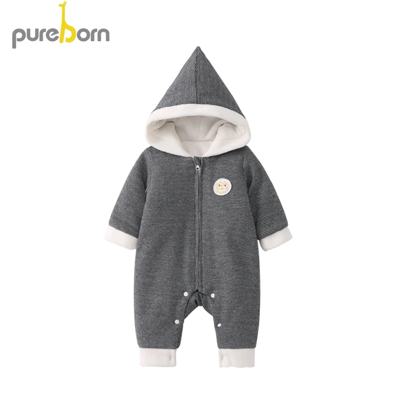 Pureborn/Одежда для новорожденных; детские комбинезоны с капюшоном; гусиная лапка; утепленная флисовая одежда для мальчиков и девочек; комбинезон для младенцев; зимний комбинезон