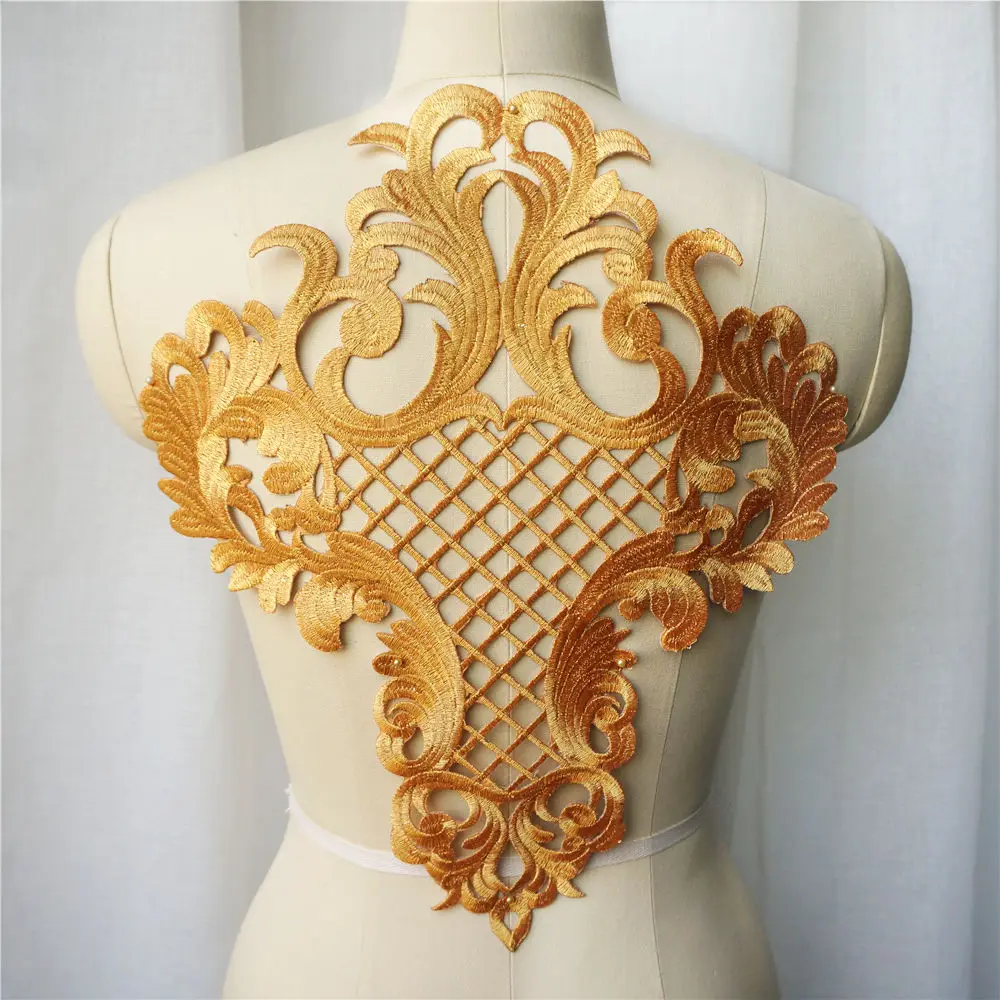 Gold Baroque Fabric Appliques Hollow Grid Noble Embroidered Gown Collar