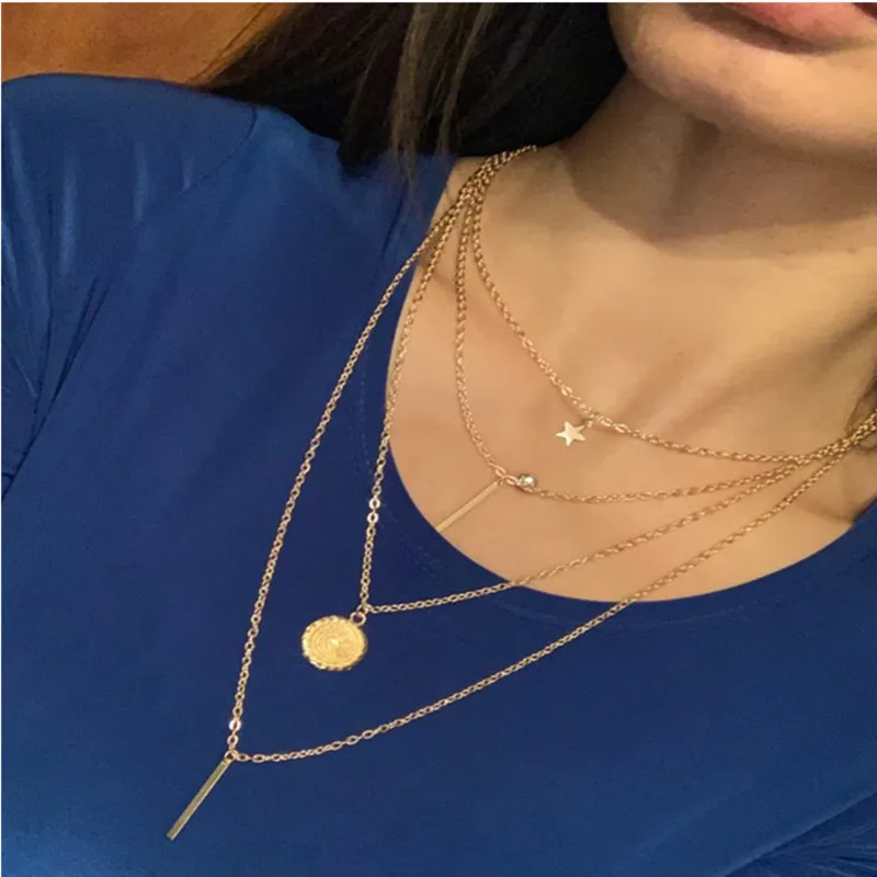 Новое богемное женское ожерелье ретро многослойное ожерелье с подвеской Золотая подвеска в виде звезды подарок Мода ожерелье ювелирные изделия