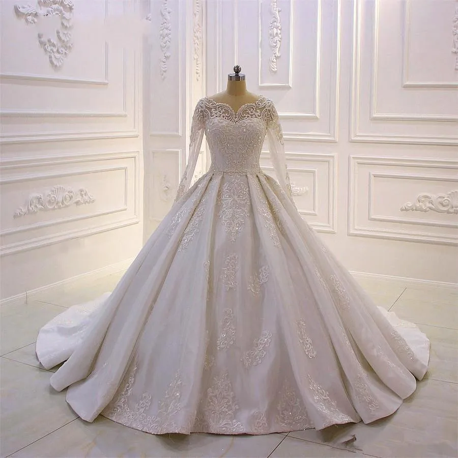 Винтажные, с длинными рукавами свадебное платье кружевная Апликация Саудовская Аравия Дубай роскошных мусульманский плюс Размеры бальное платье vestido de noiva