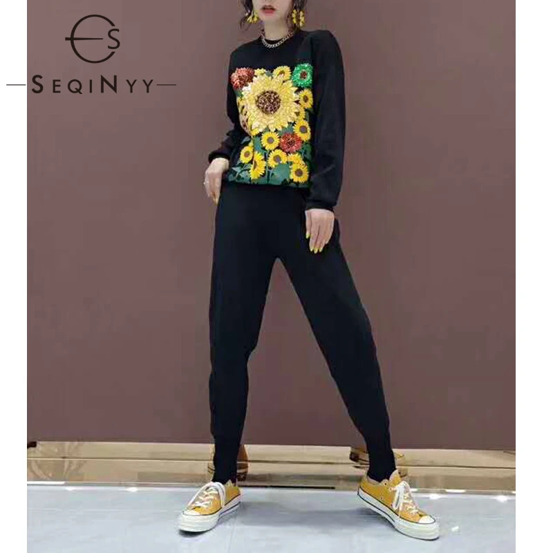 

SEQINYY Black Knit Suit 2020 Autumn Winter New Fashion Design Women Sunflower Luxury Beading Sequined Sweater + Pants Casual