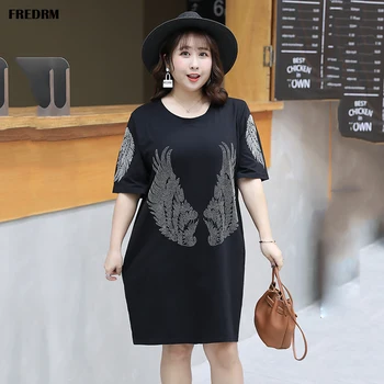 

FREDRM Big Size T-shirts Women Summer New 2020 Printing Rhinestone Tops Ladies Plus Size 6XL O-neck Short Sleeve Long T-shirts
