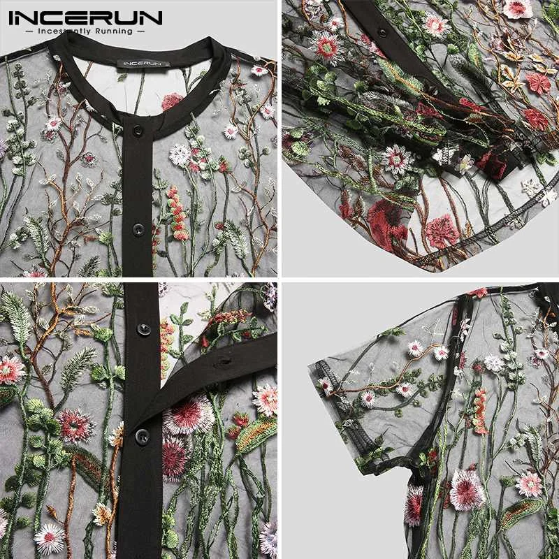 Fashion Men Mesh Shirts Embroidered Short Sleeve Sexy See Through Tops Button Breathable Party Nightclub Shirts INCERUN 5XL