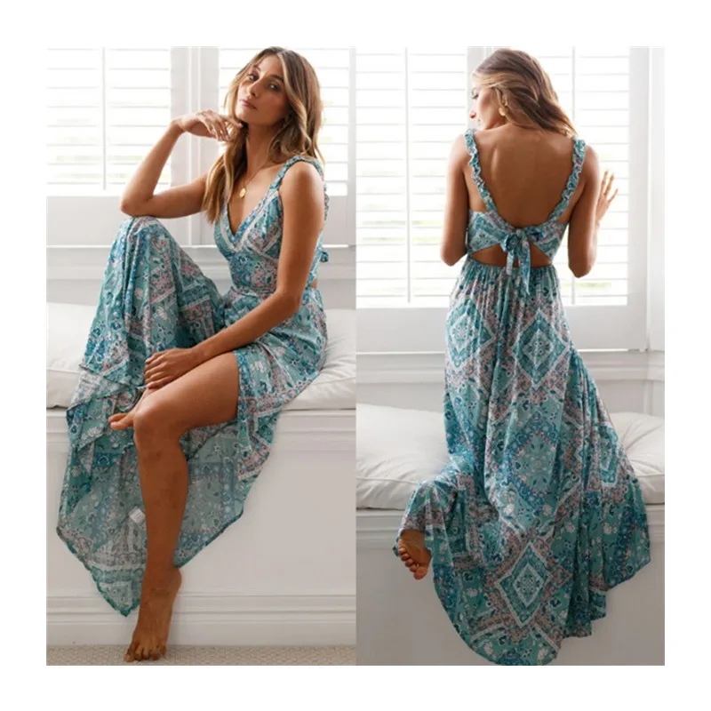 

Bohemian Backless Women Summer Long Dress Printing Sleeveless Evening Party Dresses Sundress Beach Boho Bandage Dresses Female