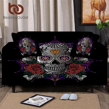 

BeddingOutlet Sugar Skull Sofa Cover Red Rose Stretch Slipcover Living Room Flower Couch Cover Gothic capa sofa 1/2/3/4 Seater