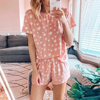 

Summer Sexy Lingerie Set Fashion Women Star Short Sleeve Pajama Set Night Lounge Top Short Sleepwear Nightwear Pijama Mujer