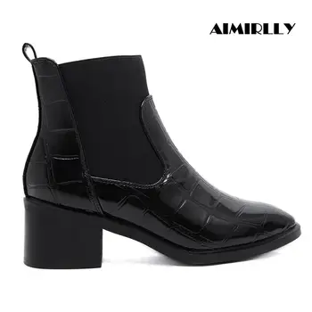 

Womens Chelsea Boot Round Toe Ankle Boots Crocodile Print Booties Block Heels Slip On Autumn Winter Female Footwear Casual Black