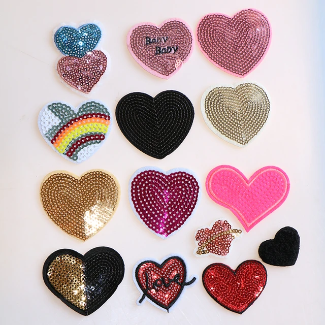 10 Piece Red Squined Heart Patches Iron on Sequins Heart-shaped