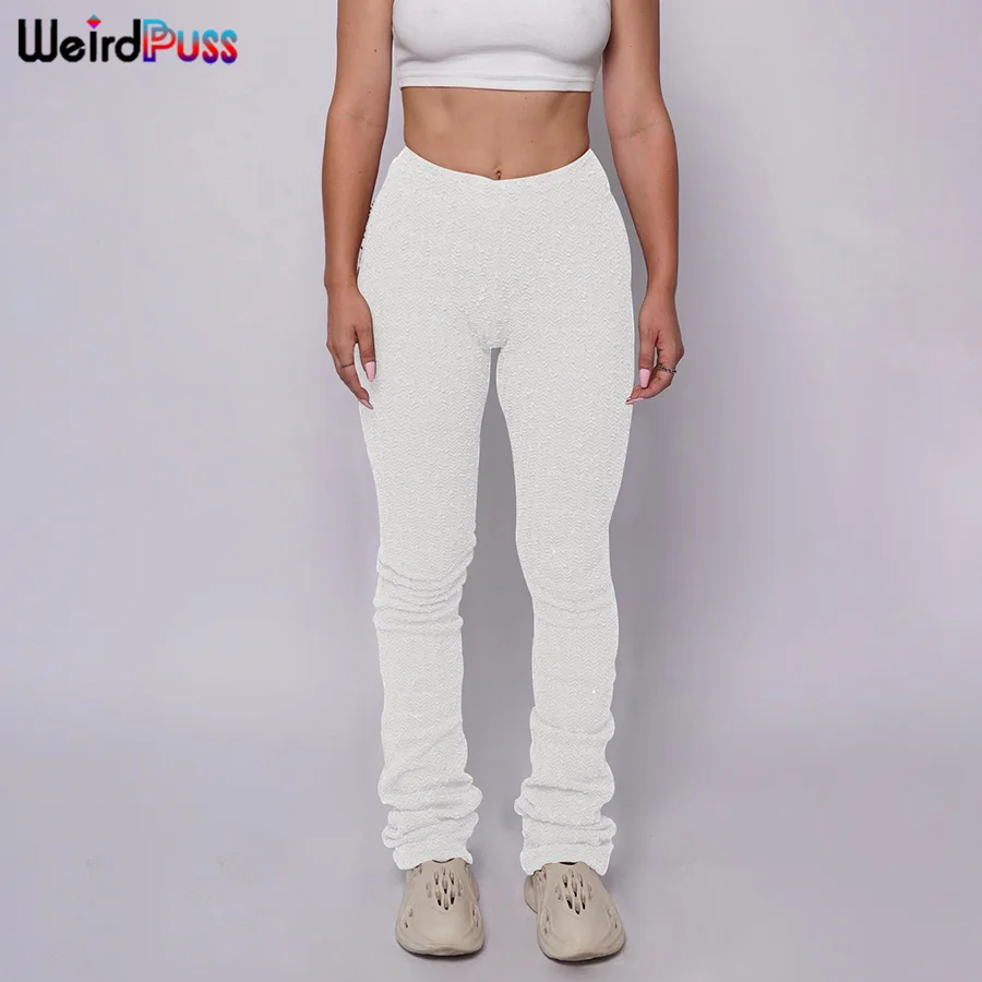 Weird Puss Shaggy Pencil Pants Women Casual Glitter High Waist Trousers Sporty Wild Streetwear Skinny Stretchy Autumn Bottoms cropped leggings