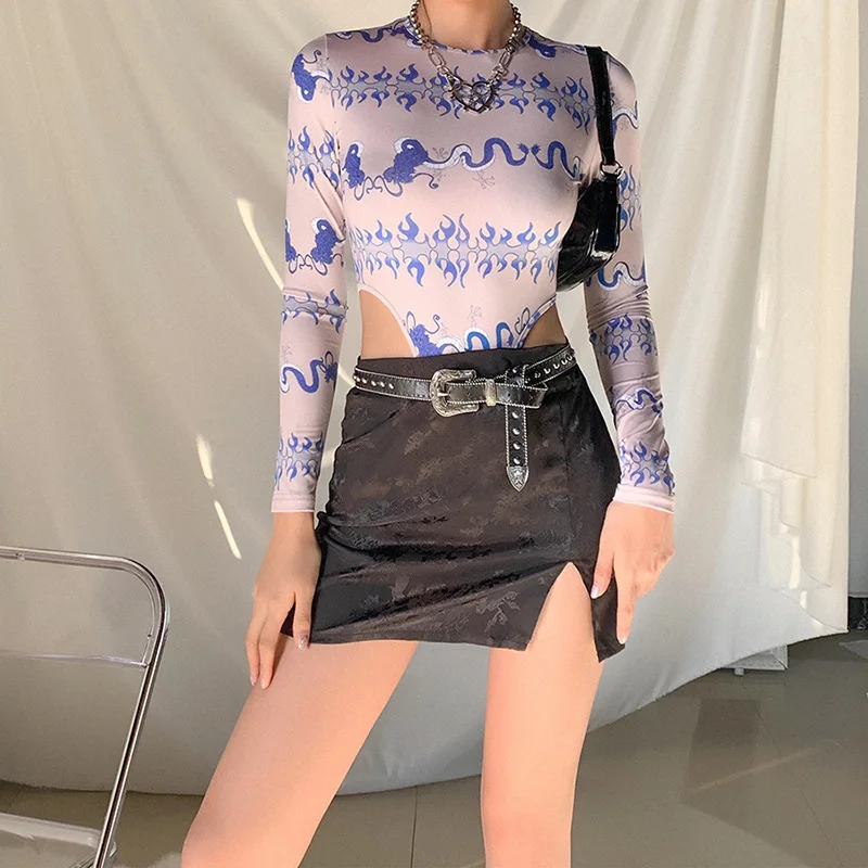 

Dragon Pattern Printed Long Sleeve Bodysuits Women Sexy Crew Neck Slim One-piece Garment Hot Party Clubwear Bodysuit Female