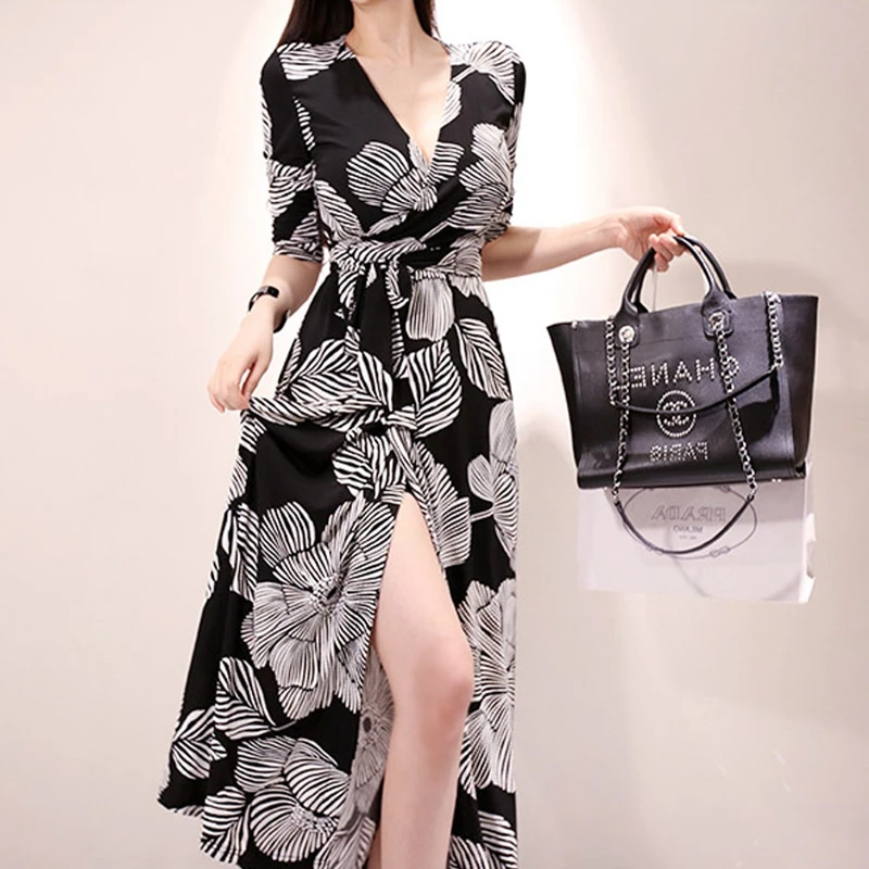 Romantic Women One Piece Wrap Dresses Femme Sexy Split Dress Lady Flower  Print Black maxi Dress|Dresses| - AliExpress