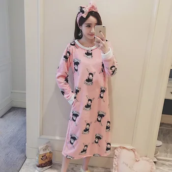 

Flannel Pink Casual Sleepwear Lady Night Dress Home Dressing Nightgown Soft Winter Long Sleeve Homewear Coral Fleece Nightdress