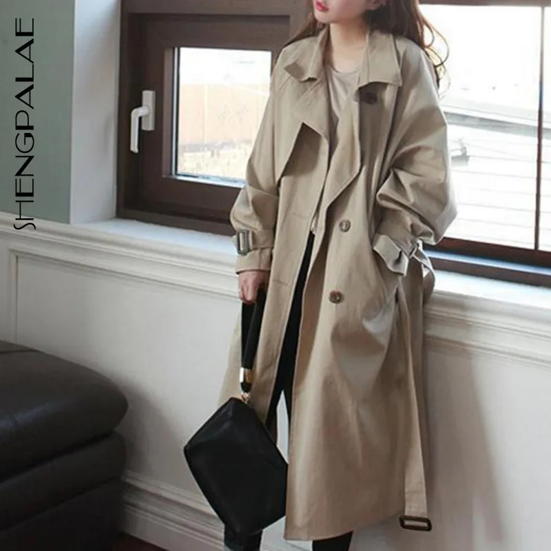 

SHENGPALAE New Winter Autumn Korea Style Full Sleeve Double Breasted Turn-down Collar Button With Sashes Women Loose Coat FS142