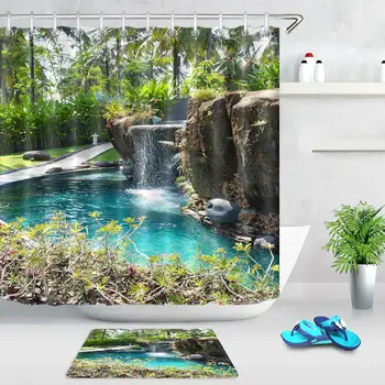 

Garden Nature Landscape Shower Curtain Tropical Tree Waterfall Green Plant Beautiful Scenery Fabric Bathroom Curtain Decoration