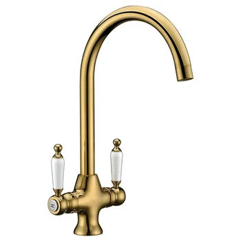 

UK Style 10 Yr Warranty Classic Ceramics Double Lever Single Spout Solid Brass Titanium Golden Mixer Kitchen Taps Kitchen Faucet