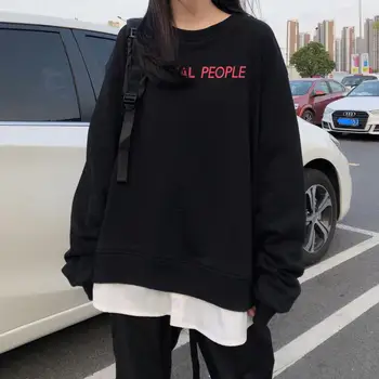 

3 colors 2019 autumn and winter bf style breif letter print side split patchwork womens sweatshirts female (X1111)