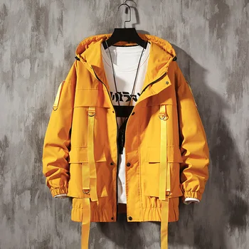 

Streetwear Spring Man Hip Hop Long Sleeve Jacket Men Harajuku Black Hooded Cardigan Coat Jackets Male Pockets Oversize Jacket