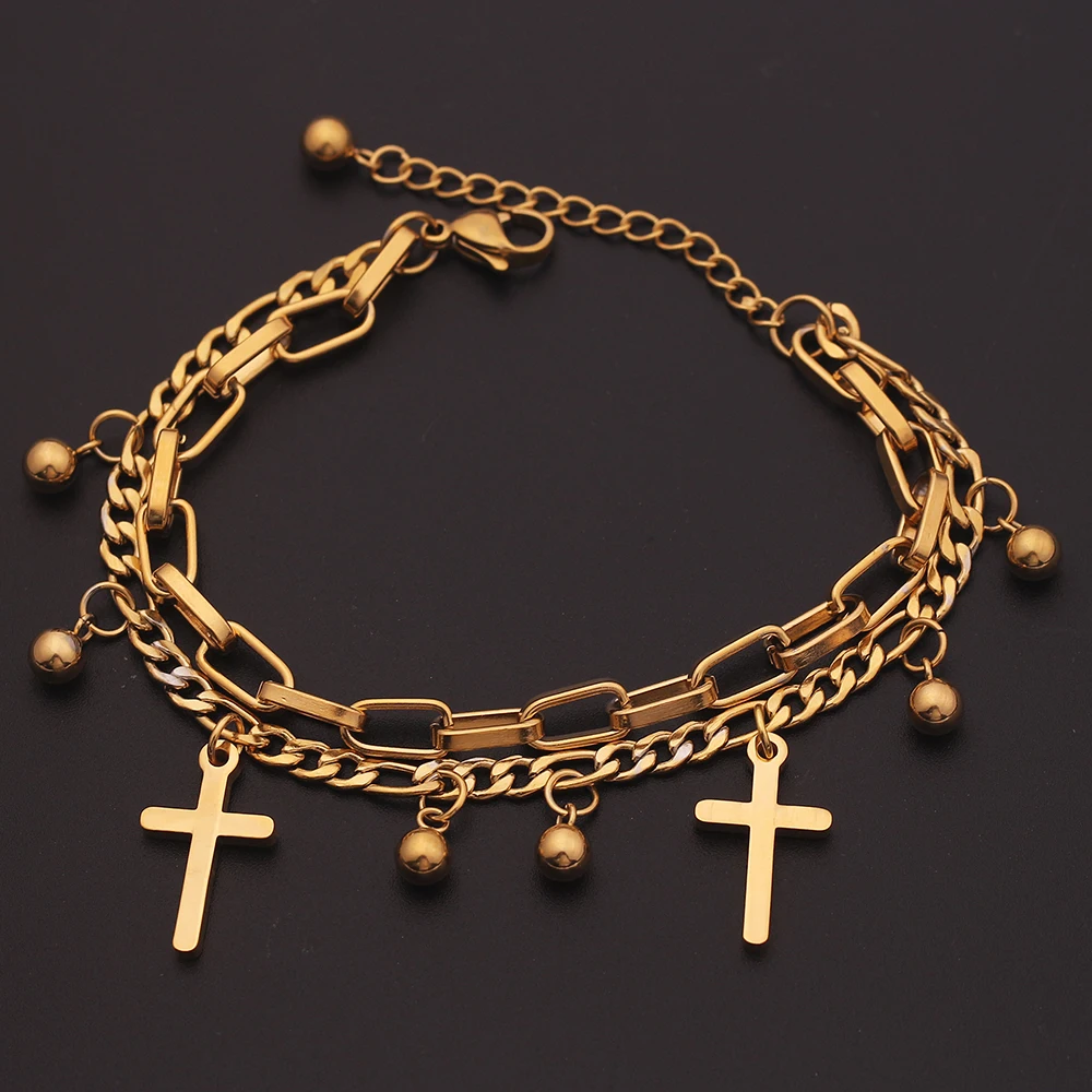 

New 2021 Vintage Religious Double Bracelet Round Bead Cross Multilayer Bracelet for Men and Women's Bracelet Jewelry Gifts