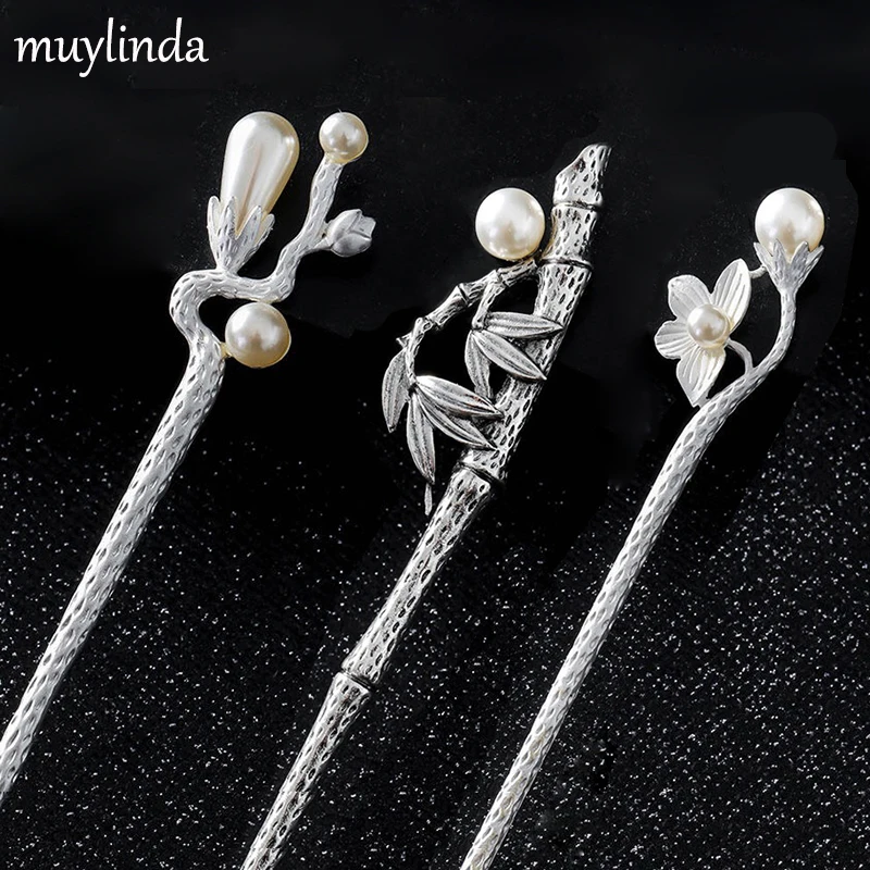 

muylinda Ancient style bride plate hairpin decoration Ancient Chinese dress hairpin ancient silver pearl hairpin classical hairp