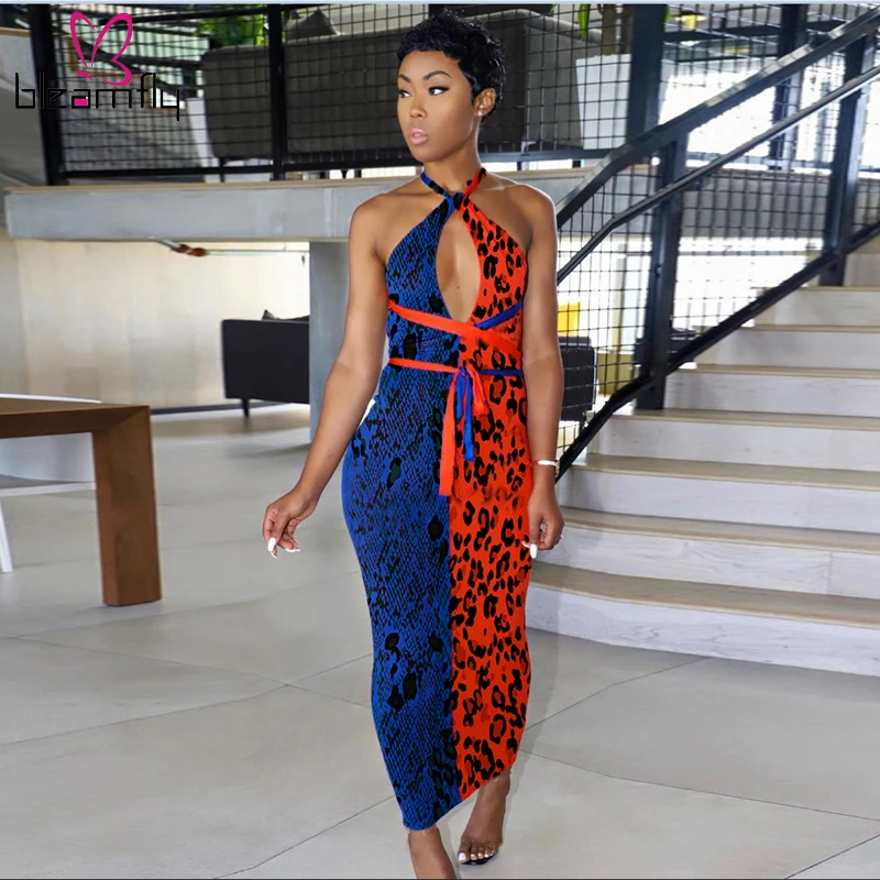 

Leopard Snake Skin Patchwork Long Dress Women Halter Backless Tie Up Bodycon Maxi Dresses Sexy Party Club Sleeveless Vestidos