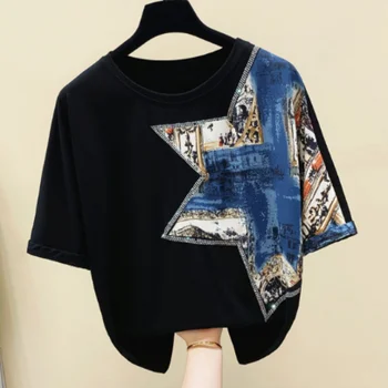 

Printed Stitching Hot Drilling Design Short Sleeve Round Neck Cotton Tshirt Women's 2020 Summer Loose Contrasting Color T-shirt