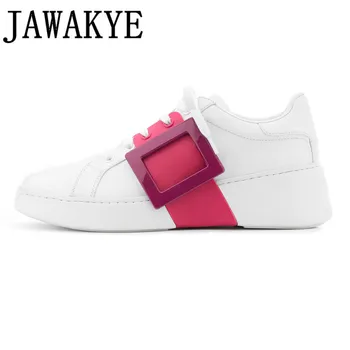 

Flat Platform Sneakers real leather big buckled decor Women Casual Shoes 2020 running small white shoes Celebrity Feminino