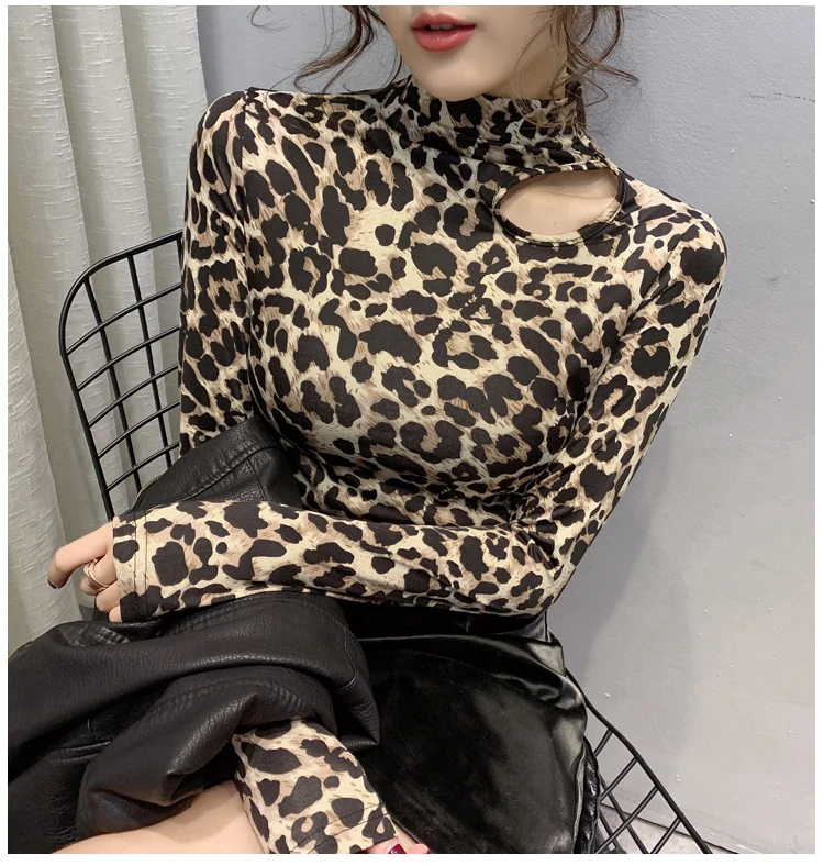 Chemisier Femme Новая модная женская одежда Топы с длинным рукавом Однотонная леопардовая блузка женская Повседневная водолазка рубашка для женщин 7668 50