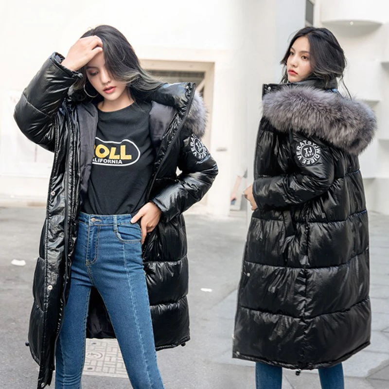 

New Glossy Down Parka Jacket Women 2023 Long Winter Jackets Womens Big Fur Collar Down Cotton Coat Hooded Female Warm Loose Coat