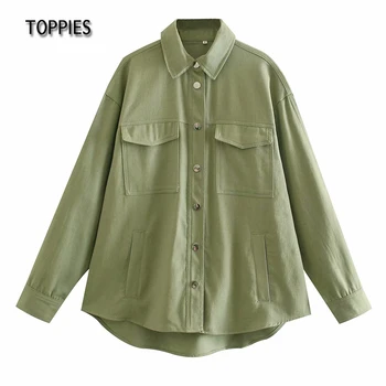Toppies Green Cotton Shirt Jacket Button Down Loose Coat Women Long Sleeve Pockets Jacket Streetwear 1