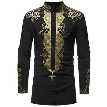 

MD African Print Shirt Men Dashiki Clothes Black Gold Long Sleeve T shirt Traditional Wears Wedding Party boubou africain homme