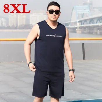 

plus size 8XL 7XL 6XL new Arrivals Men T Shirt Top Tee + Shorts Summer Two Pieces sleeveless Casual cotton Tee Shirts Set