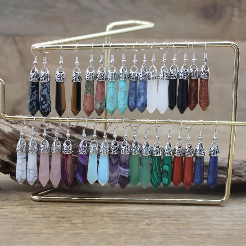 Natural Stone Hexagonal Quartz Hook Earring Healing Crystal Point Women Gift Dangle Earring Reiki Amethysts Lapis Jewelry QC7001