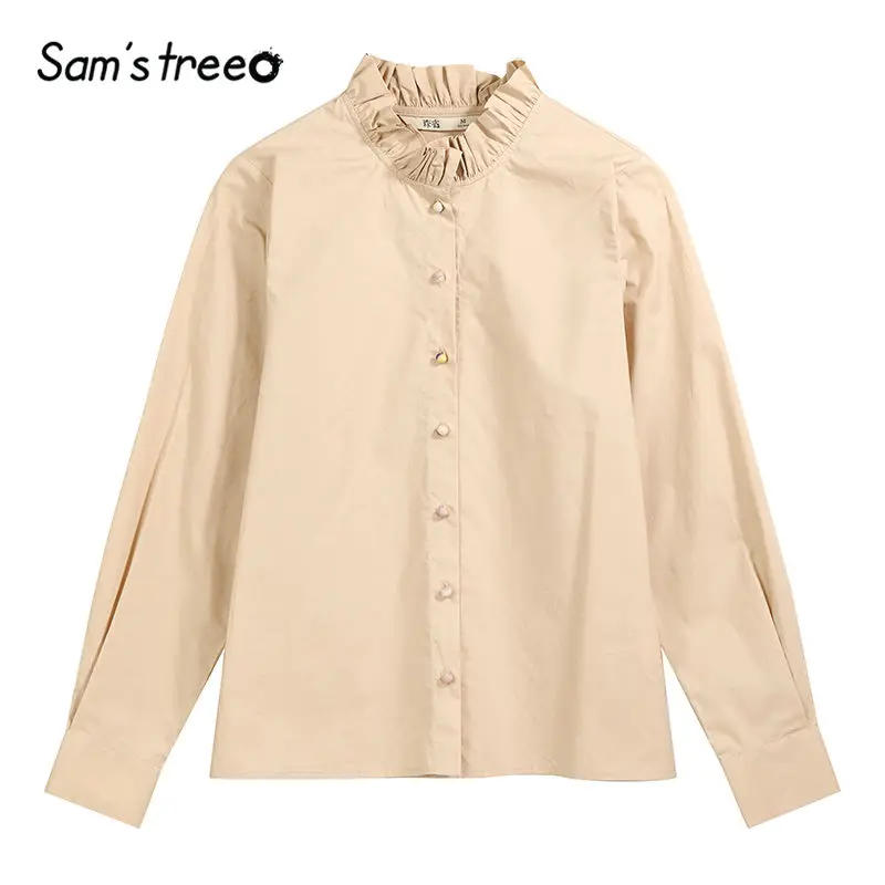 SAM'S TREE/однотонная блузка цвета хаки с рюшами и стоячим воротником для женщин, Осенние повседневные офисные женские топы с длинными рукавами на одной пуговице