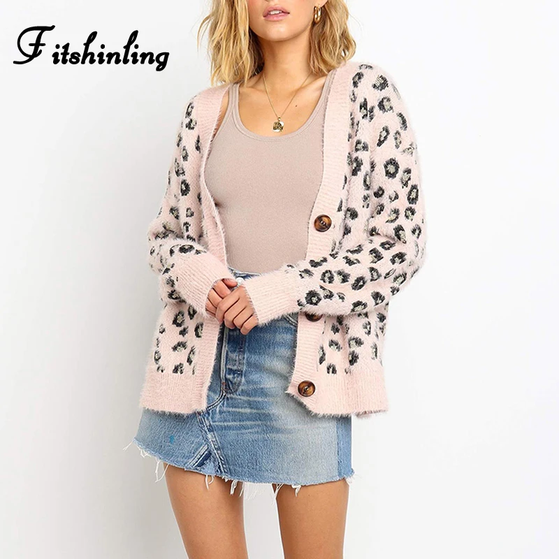 

Fitshinling Hairy Leopard Cardigans Womens Clothing Buttons Up V Neck Sweaters Boho Fuzzy Soft Winter Cardigan Outerwear Female