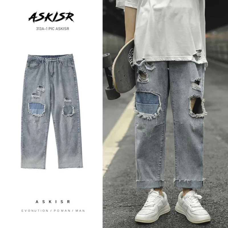 

Hole Patch Jeans Men's Fashion Retro Casual Straight Jeans Men Pants Streetwear Loose Hip-hop Ripped Denim Trousers Mens S-2XL