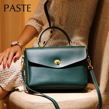 

PASTE Retro Women Top-handle Handbag 100% Genuine Leather Lady Crossbody High Quality Shoulder Bags Green Red Cover Flap Bag