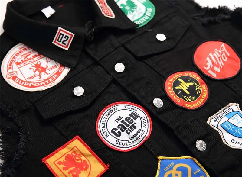 Men High Street Denim Vest Fashion Badge Patchwork Waistcoats For Male Sleeves Jeans Jackets Streetwear (4)