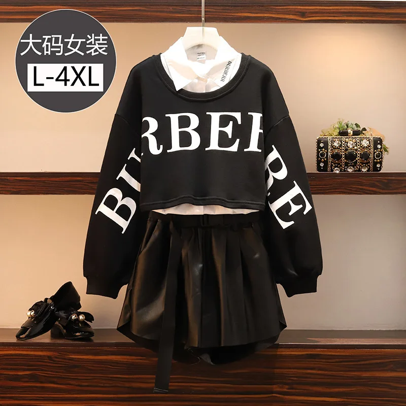 

2019 Autumn And Winter Fat Mm Large Size Dress Fashion Casual Korean-style Loose-Fit Slimming Hoodie Shirt High-waisted Leather