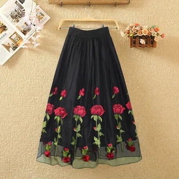 

Female Retro Black embroidery Red Floral Skirt Empire Waist A Line Elastic Waist Ladies Pleated Tulle Mesh Vintage Jupe Saias