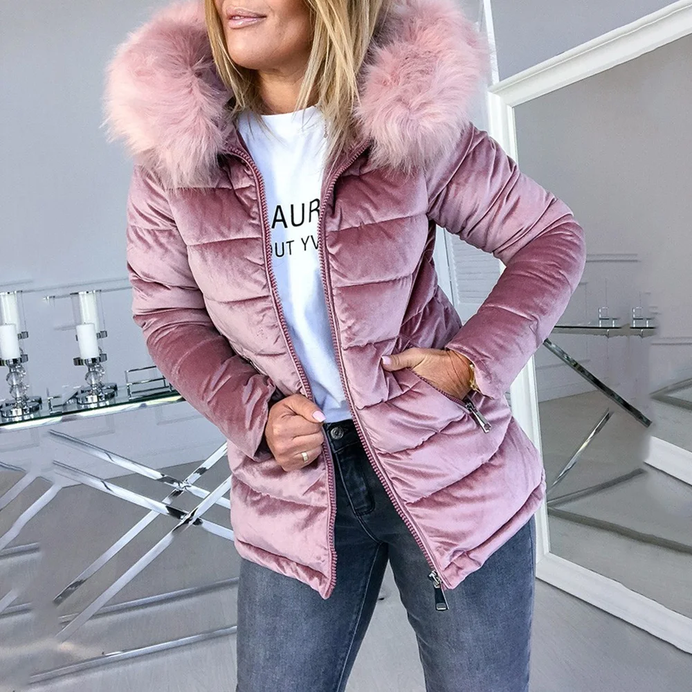 Goedkoop Winter Fluwelen Jasje Jas Vrouwen Katoen Gevoerde Jassen Grijs Roze Plus Size 4XL Capuchon Bontkraag Dikke Mode Basic Sneeuw bovenkleding