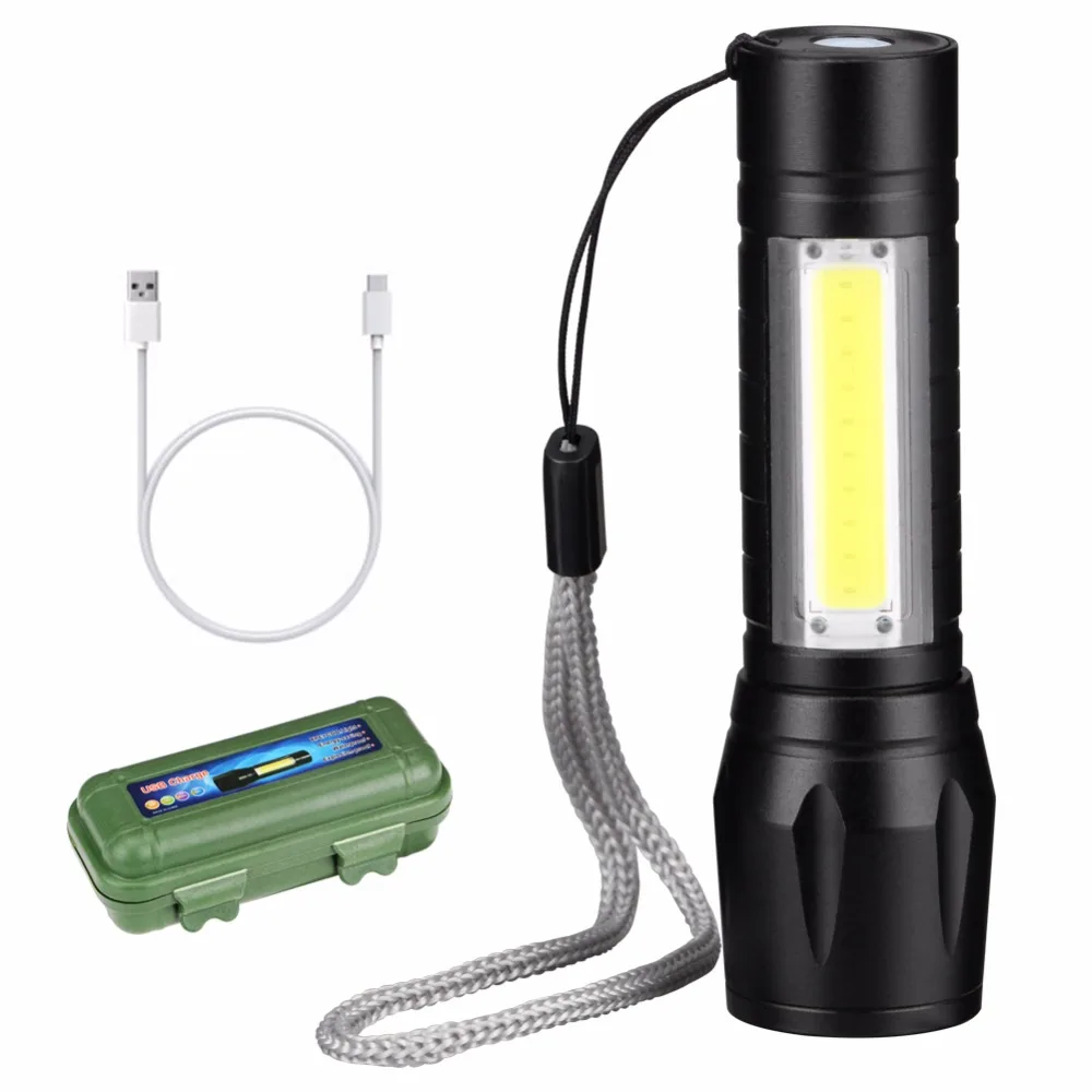 

USB Charging Powerful Flashlight 3800LM XPE COB LED Flash Light Zoomable Tactical Torch Lamp+Battery+Box Upgrade Newest Design