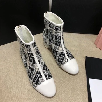 

New Fashion Round Toe Boots Spring Autumn Brand Design Patchwork Tweed Women Shoes Zip Ankle Female Boots