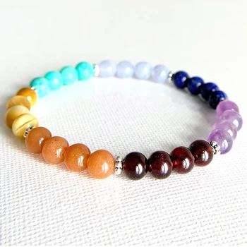 

Wholesale 6 mm Gem stone 7 Chakra Braclet Dainty Healing Crystals Birthstone Mala Bracelet Garnet Sunstone Lapis Lazuli Bracelet