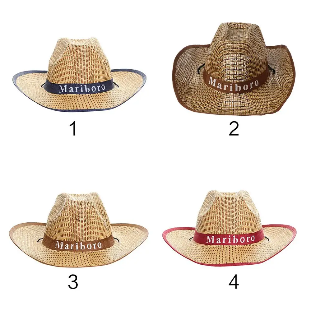 

Men Retro Western Cowboy Summer Straw Sun Hat Wide Curly Brim Letters Printed Ribbon Jazz Bucket Cap Contrast Color Trim With Ch