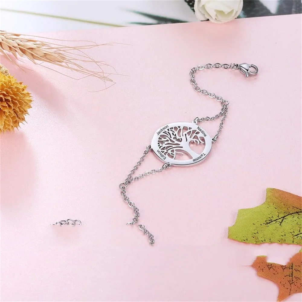 Customized Tree of Life Bracelet Personality Genealogy Bracelet Stainless Steel Adjustable Bracelet Jewelry Lady Mother\'s Day Gi